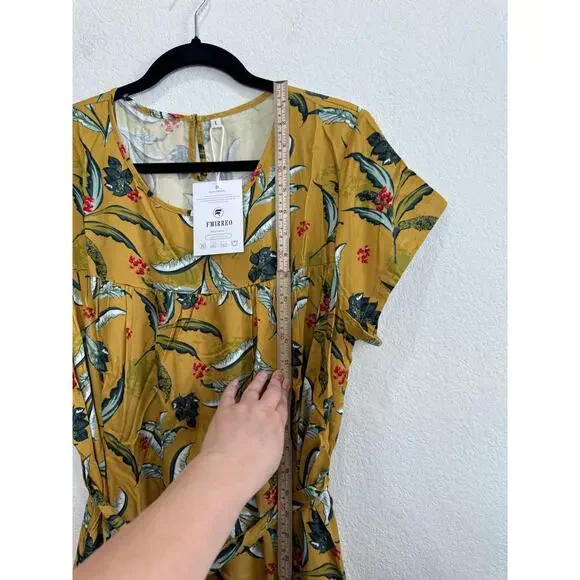 NWT Women's Long Yellow Tropical Flowy Belt Tie Dress Jumper Style Large - Picture 4 of 13
